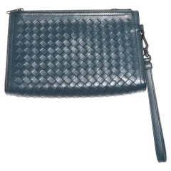 BOTTEGA VENETA (ボッテガヴェネタ) イントレチャート ポーチ ケース セカンドバッグ クラッチバッグ スモーキーブルー レザー ブラック金具