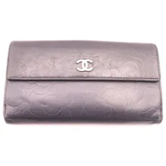 CHANEL (シャネル) カメリア 長財布 ロングウォレット カードケース ブラック シルバー金具 ラムスキン