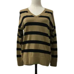 プラステ PLST カットソー ニット プルオーバー Vネック ボーダー ウール 長袖 M 茶 黒 ブラウン ブラック