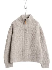 【お得なクーポン配布中!】 アイルランド製 aran crafts フィッシャーマン ウール ニット セーター レディース L アラン ケーブル ハーフジップ ハイネック ショート丈