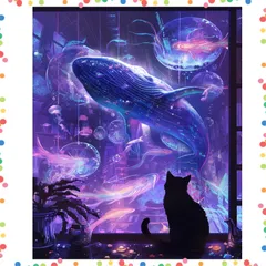 【特価商品】DIY 大人向けのぬり絵キットクジラ黒猫油絵 キャンバス 数字でペイント 初心者用 ブラシとアクリル絵具付き Fokenzary フレームなし (40x50cm)のサムネイル