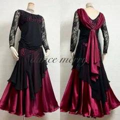 新品　社交ダンス　豪華　ツーピース　セットアップ　黒　赤　ワイン　サテン　レース　タンゴ　1482