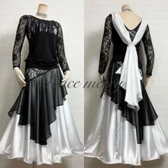 新品　社交ダンス　豪華　ツーピース　セットアップ　黒　白　サテン　レース　ワルツ　1482