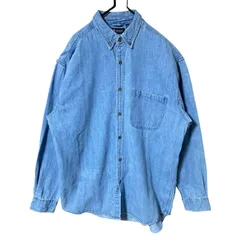 L ロング デニム ボタンダウン ブルー 青 カジュアル 無地 シンプル 単色 シャツ レディース ユニセックス メンズ 古着 長袖