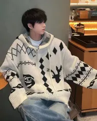 ダイヤモンド柄 フード付き ニットカーディガン　ルーズフィット　韓国ストリート