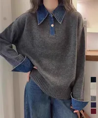 デニム切り替え レイヤード風ニットポロ襟