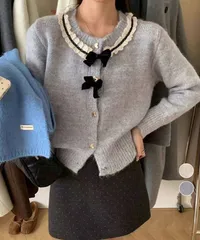 襟レースニットカーディガンリボントップス