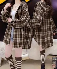 フード付き チェックシャツオーバーサイズ