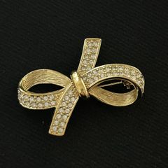 【良品】Christian Dior / クリスチャンディオール ヴィンテージ リボンブローチ ゴールド×ストーン 1206002