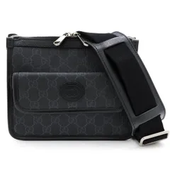 【 美品 】GUCCI グッチ ショルダーバッグ GGスプリーム インターロッキングG 674164 ブラック イタリア製 2way メンズ 黒 PVC レザー シック お洒落 上品 大人 セカンドバッグ リストレット付 中古