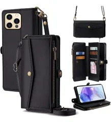 ★For iPhone 12 Pro Max ケース 財布型 For アイフォン12 プロ マックス 手帳型 ショルダー ストラップ長+短2本 5枚カード収納 1枚の写真収納スタンド機能 1枚の現金収納 1つのジッパーポケットブラック