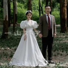 【新品?未使用】 ウェディングドレス ロングドレス Aラインドレス パフスリーブ Vネック レトロ調 編み上げ 二次会 結婚式 前撮り ブライダ