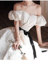 【新品?未使用】 ウェディングドレス ウエディングドレス パフスリーブ オフショルダー ブライダル ロングドレス 花嫁 プリンセスドレス プ