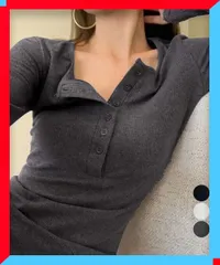 新品 レディース ハーフボタン リブカットソー 長袖 タイトTシャツ ストレッチ トップス 無地 お洒落【送料無料】