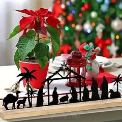 木製ベース付き素朴なブラックメタル キリスト降誕セット - クラシックなクリスマス装飾、テーブル&棚ディスプレイ用、松木デザインのシンプル置物