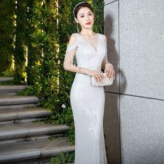 ロングドレス イブニングドレス シルバー おしゃれ 上品 エレガント カラードレス ブライズメイド マーメイドドレス ステージドレス お急ぎ 演奏会 結婚式二次会 お呼ばれ 結婚式 発表会 ロング丈 ピアノ発表会