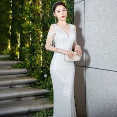 ロングドレス イブニングドレス シルバー おしゃれ 上品 エレガント カラードレス ブライズメイド マーメイドドレス ステージドレス お急ぎ 演奏会 結婚式二次会 お呼ばれ 結婚式 発表会 ロング丈 ピアノ発表会