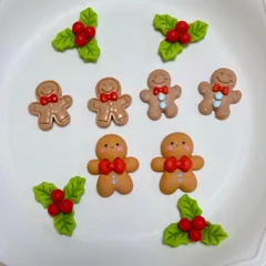 ハンドメイド素材　デコパーツ　クリスマスセット　ジンジャーマンクッキーとヒイラギ　計10個　ホイップデコ他、アクセサリーや小物作りに