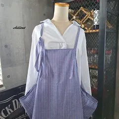 【背中がかわいい】エプロンドレス：ブルー：ストライプ【1016】