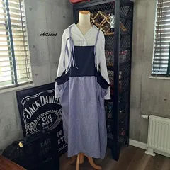 【背中がかわいい】マキシ：ギャザー：エプロンドレス：ネイビー×ストライプ【1017】