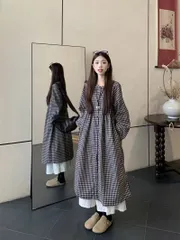 新作・大人気レトロチェック長袖シャツワンピース エレガントワンピース レディース