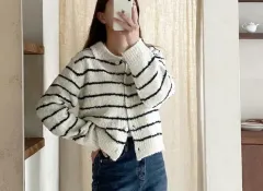 ボーダー柄 カラ ウール ニット カーディガン（新品）