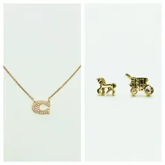 【中古美品】コーチ COACH　ネックレス＆ピアス　セット販売　Cロゴ ラインストーン ネックレス ローズゴールド　ホース＆キャリッジ  ピアス イエローゴールド　GP　レディース　ブランド アクセサリー