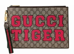 グッチ クラッチバッグ GGスプリーム TIGER プリント シェリーライン GG柄 セカンドバッグ ゴールド金具 688378 PVC ポーチ レザー メン グッチ クラッチバッグ GGスプリーム TIGER プリント シェリーライン