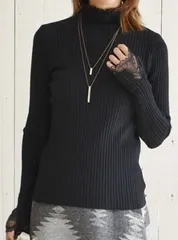 【秋冬クリアランス！！】【送料無料！】レディス　首と手口にレースデザイン　ランダムリブ　ニットプルオーバー（ボトルネック）＜黒：Ｍサイズ＞1775【９ｇｇ　リブ編み　編地柄　セーター】【ハイネック　セーター】