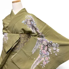 訪問着　絞り　辻ヶ花　藤の花　ぼかし　鶯色　着物　121b p ms