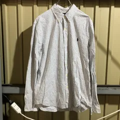 1085 Ralph Lauren 長袖シャツ ホワイト ブルー L ラルフローレン チェック柄 ワンポイント 刺繍ロゴ ポロポニー ドレスシャツ 古着卸 アメリカ仕入