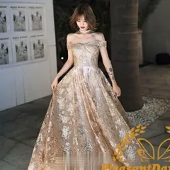 ロングドレス 発表会 ボートネック オフショルダー イブニングドレス スパンコール キラキラ ゴールド パーティードレス キレイめ 二次会 WP数量限定価格926