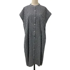 スタディオクリップ Studio Clip シャツワンピース Iライン ロング ギンガムチェック リネン混 ノースリーブ L 黒 白 ブラック ホワイト