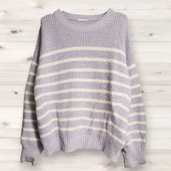 B1305 ジーユー GU ニット セーター 長袖 (XL) 紫 ボーダー 総柄 Uネック コットン混