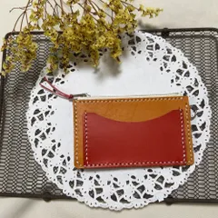 ハンドメイド　レザー　本革　ミニ財布　赤×茶　レザー小物