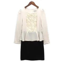 LUNA.G フラワーモチーフ ペプラム タイト ドレス ワンピース 膝丈 バイカラー ベージュ ブラック S