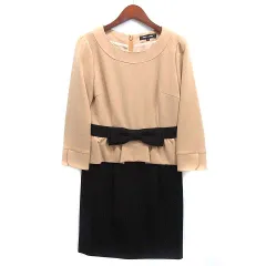 クイーンズコート QUEENS COURT ドッキングワンピース ドレス リボン 七分袖 ベージュ ブラック 1