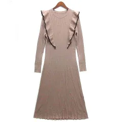 ビス ViS 配色 フリル ニット ロング ワンピース 長袖 ブラウン系 M BVE31230