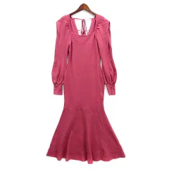 スナイデル SNIDEL スクエアネック マーメイド ニット ワンピース ロング丈 バックリボン 長袖 ピンク F SWNO215046