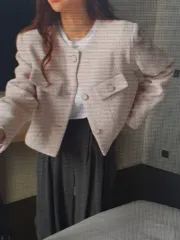 （海外配送）ピンク/ベージュ クロップド ツイード ノーカラー ジャケット