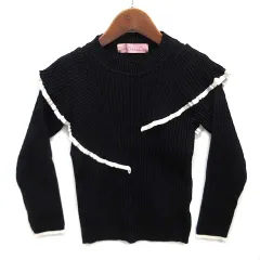 トレコード Trend Dress Code リブ ニット アシンメトリー フリル クロップド セーター 七分袖 ブラック 黒 