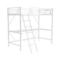  【ホワイト】システムベット 宮棚　ロフトベッド  シングル コンセント付き 移動可能デスク付き  北欧風  二段ベッド   大人用　二段ベッド スチール 耐震   