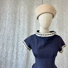 【ヴィンテージ】ネイビー タイトワンピース 配色レース レーストリミング 半袖 上品 古着