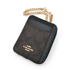 美品 COACH コーチ カードケース コインケース パスケース フラグメントケース シグネチャー PVC レザー ゴールド金具 馬車ロゴ チェーン ギフト プレゼント 贈り物