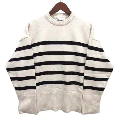 ザラ ZARA サイドスリット ボーダー ニット セーター クルーネック 長袖 アイボリー S 6254/106/104