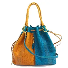 CROCOLUX オーストリッチ レザー 巾着 2WAY バッグ ベージュ ターコイズ イタリア製