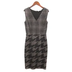 マックスマーラ MAX MARA 白タグ 切替 ウール タイト ワンピース ノースリーブ チェック 千鳥格子 グレージュ 36