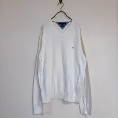 【TOMMY HILFIGER】トミーヒルフィガー(XL)長袖 ニット セーター ワンポイント Vネック　プレミアムコットン