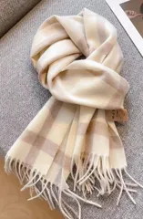 100%ウール チェック柄マフラー アイボリー ベージュ