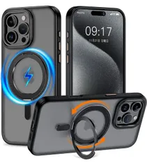 ★iPhone 16 Pro Max 用 ケース 縦横両対応 リング 【多機能360度回転スタンド】MagSafe対応 ワイヤレス充電対応 半透明マット スマホケース 米軍規格 耐衝撃 カメラレンズ保護 (ブラック, iPhone 16 Pro Max)